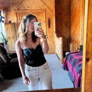 y2K lace corset top black satin XS